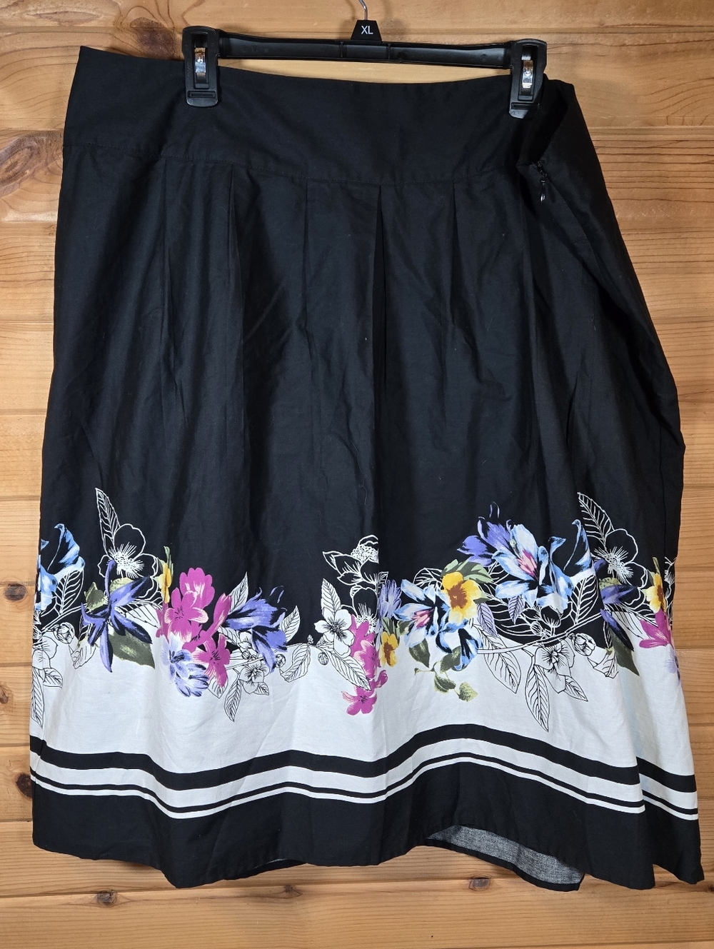 CJ Banks Women's Midi Skirt Cotton Black Pleated Floral Lined 20W Plus Spring